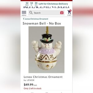 Lenox Mini Sleigh Bell Snowman Ornament~,Porcelain~Handpainted~Retired